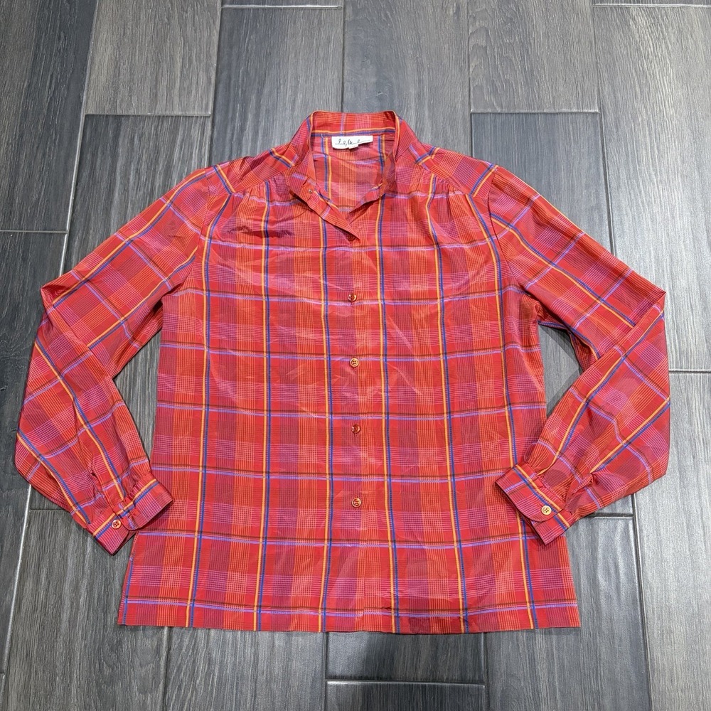 VTG Lady Manhattan Blouse Size 12 Checkered Print Top Polyester Long Sleeve